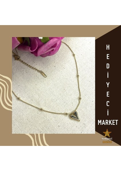 Hediyeci Market 316 L Gold Renk Kalp Figür Minimal Top Detay Çelik Kolye - HMÇK-0009