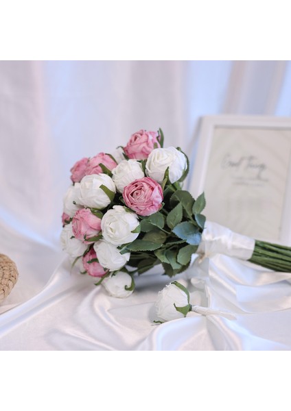 Mor Beyaz Mini Şakayık Gül Gelin Çiçeği -Şakayık Gelin Buketi Damat Çiçeği 2 Li Set