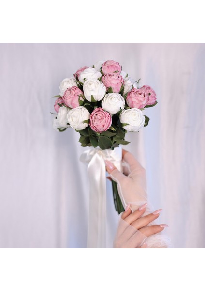 Mor Beyaz Mini Şakayık Gül Gelin Çiçeği -Şakayık Gelin Buketi Damat Çiçeği 2 Li Set