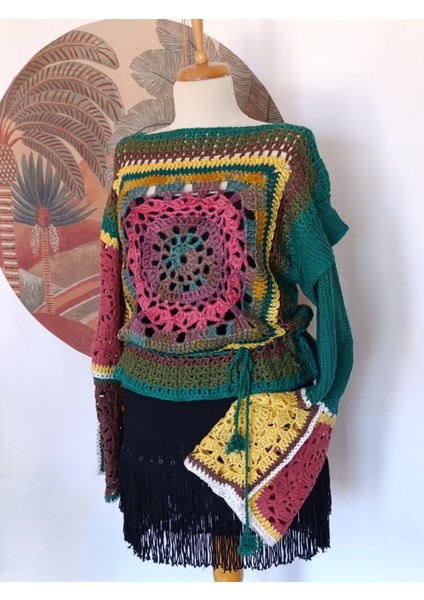 Mandala Desenli El Örgüsü Çok Renkli Otantik Mevsimlik Kazak
