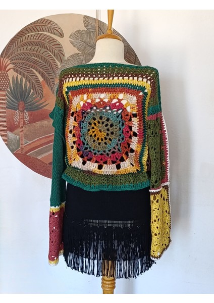 Mandala Desenli El Örgüsü Çok Renkli Otantik Mevsimlik Kazak modelleri