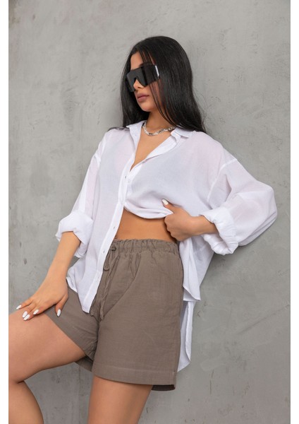 %100 Pamuk Müslin Kumaş Rahat Kesim Bağcıklı Lastikli Cepli Kadın Şort @las Palmas indirimleri