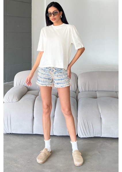 Dekoratif Dikiş Detaylı Fermuarlı Jean Mini Kadın Denim Şort
