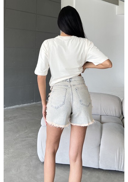 Dekoratif Dikiş Detaylı Fermuarlı Jean Mini Kadın Denim Şort