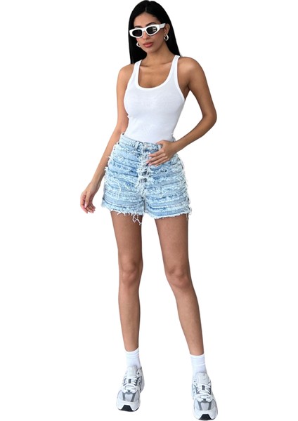 Dekoratif Dikiş Detaylı Fermuarlı Jean Mini Kadın Denim Şort