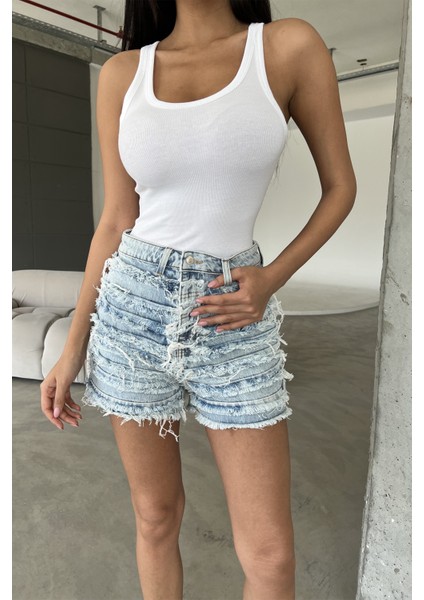 Dekoratif Dikiş Detaylı Fermuarlı Jean Mini Kadın Denim Şort