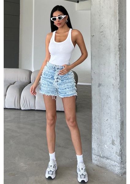 Dekoratif Dikiş Detaylı Fermuarlı Jean Mini Kadın Denim Şort