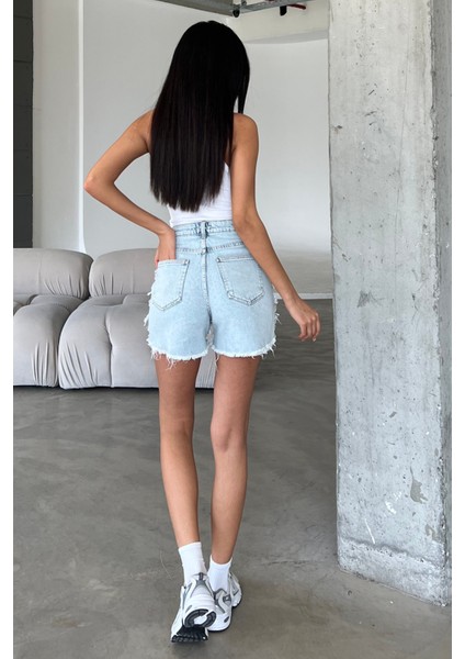 Dekoratif Dikiş Detaylı Fermuarlı Jean Mini Kadın Denim Şort
