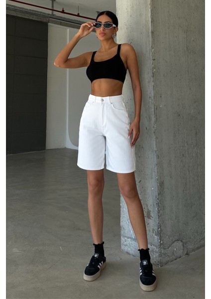 Pamuk Yüksek Bel Gabardin None Denim 5 Cep Kadın Bermuda Şort @udine