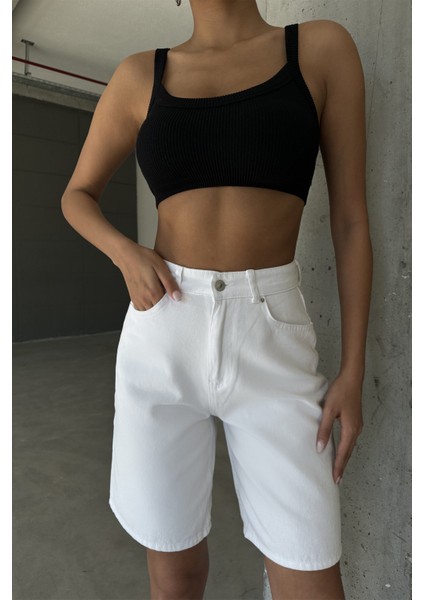 Pamuk Yüksek Bel Gabardin None Denim 5 Cep Kadın Bermuda Şort @udine fiyatları