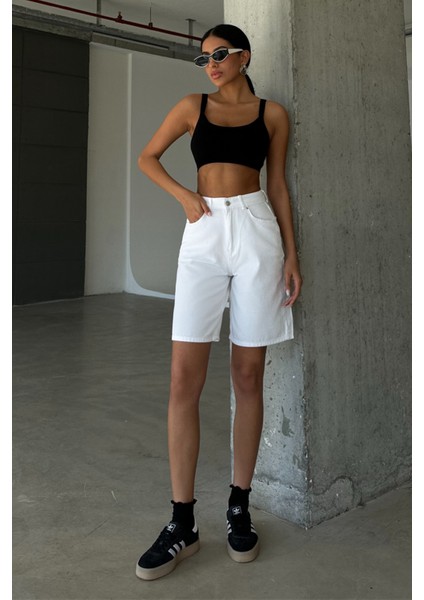 Pamuk Yüksek Bel Gabardin None Denim 5 Cep Kadın Bermuda Şort @udine fırsatları
