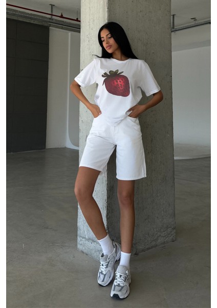 Pamuk Yüksek Bel Gabardin None Denim 5 Cep Kadın Bermuda Şort @udine indirimleri