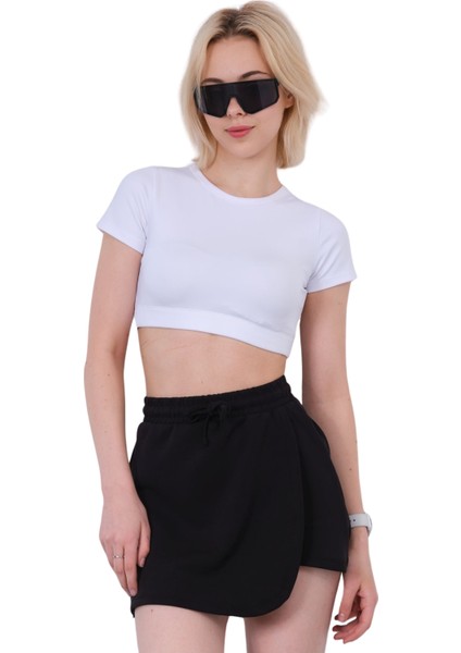 Modal Karışımlı Çift Görünümlü Şort Etek – Beli Lastikli ve Bağcıklı Örme Kadın Skort