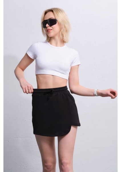 Modal Karışımlı Çift Görünümlü Şort Etek – Beli Lastikli ve Bağcıklı Örme Kadın Skort