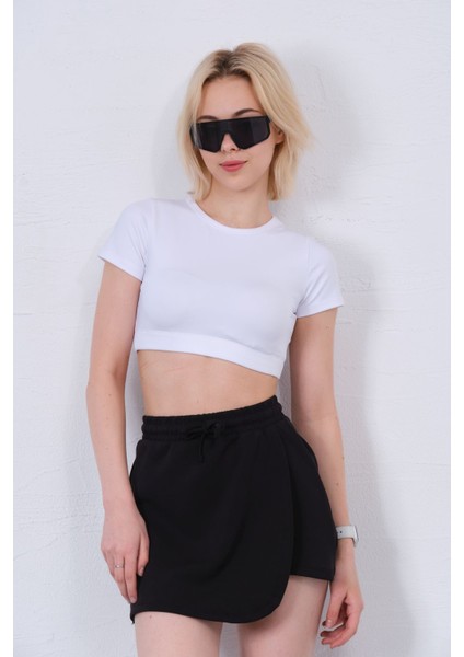 Modal Karışımlı Çift Görünümlü Şort Etek – Beli Lastikli ve Bağcıklı Örme Kadın Skort