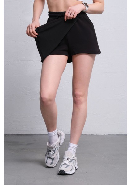 Modal Karışımlı Çift Görünümlü Şort Etek – Beli Lastikli ve Bağcıklı Örme Kadın Skort