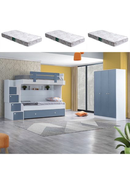 Loof Yavrulu Ranza, 3 Kapaklı Dolap - Mavi + 3 Adet Comfort Yatak