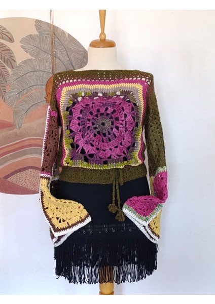 Mandala Desenli El Örgüsü Lila Sarı Yeşil Çok Renkli Otantik Mevsimlik Kazak
