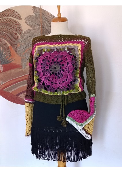 Mandala Desenli El Örgüsü Lila Sarı Yeşil Çok Renkli Otantik Mevsimlik Kazak fiyatları