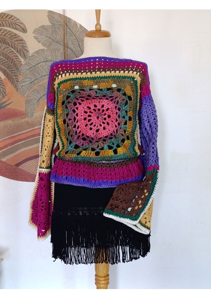 Hippybutik Mandala Desenli El Örgüsü Lila Sarı Yeşil Çok Renkli Otantik Mevsimlik Kazak