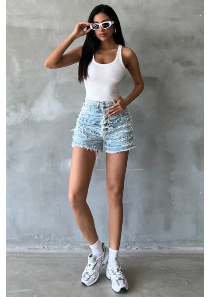 Dekoratif Dikiş Detaylı, Fermuarlı Jean Mini Kadın Denim Şort @messina fırsatları