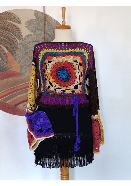 Mandala Desenli El Örgüsü Çok Renkli Otantik Mevsimlik Unisex Kazak