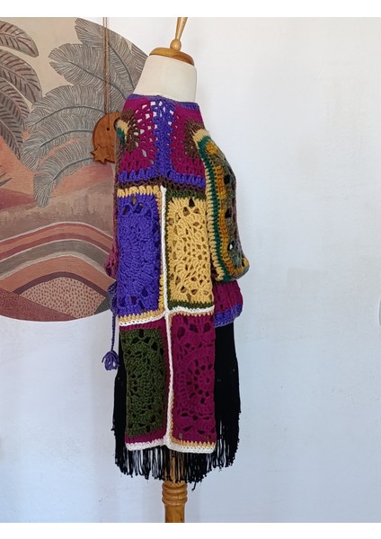 Hippybutik Mandala Desenli El Örgüsü Lila Sarı Yeşil Çok Renkli Otantik Mevsimlik Kazak fırsatları