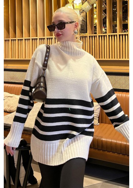 Krem Oversize Balıkçı Yaka Çizgili Kazak MG2168 modelleri