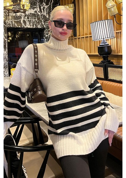 Krem Oversize Balıkçı Yaka Çizgili Kazak MG2168 fırsatları
