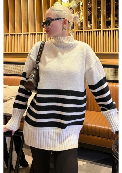 Krem Oversize Balıkçı Yaka Çizgili Kazak MG2168 indirimleri
