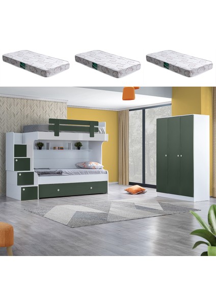 Loof Yavrulu Ranza, 3 Kapaklı Dolap - Yeşil + 3 Adet Comfort Yatak
