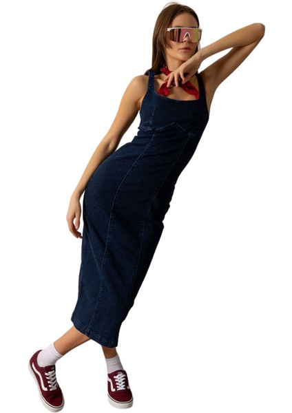 Arka Fermuarlı Yırtmaçlı Geniş Askılı Jean Denim Maksi Kadın Elbise @berlin