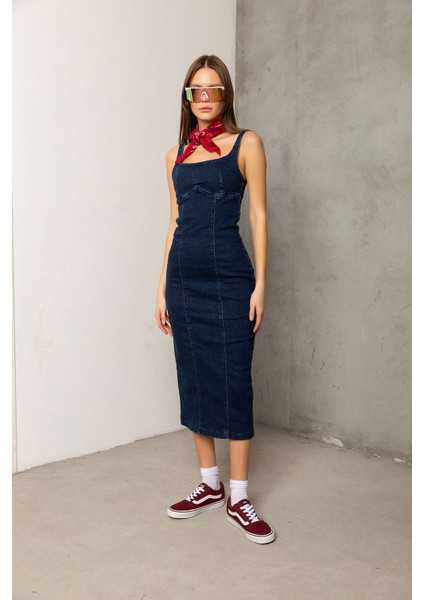 Arka Fermuarlı Yırtmaçlı Geniş Askılı Jean Denim Maksi Kadın Elbise @berlin fiyatları