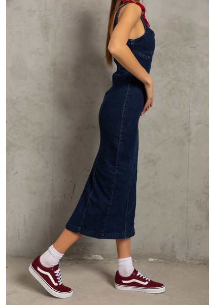 Arka Fermuarlı Yırtmaçlı Geniş Askılı Jean Denim Maksi Kadın Elbise @berlin fırsatları