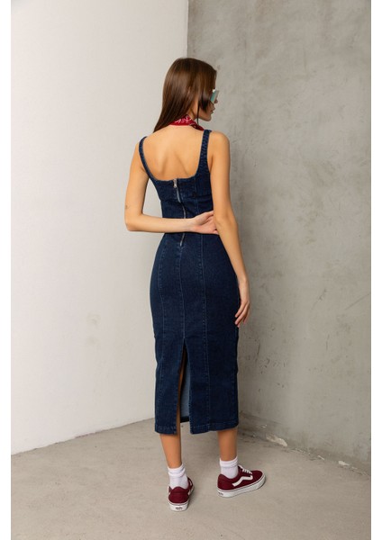 Arka Fermuarlı Yırtmaçlı Geniş Askılı Jean Denim Maksi Kadın Elbise @berlin indirimleri
