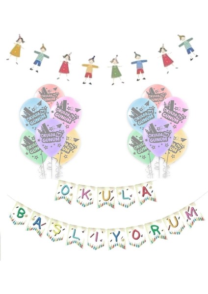 Okula Başlıyorum Baskılı Balon Sevimli Zar Çozuklu Dekor Banner