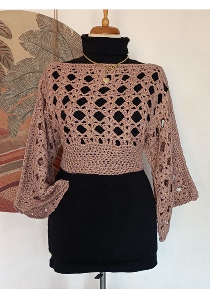 Hippybutik Gül Kurusu Kayık Yaka Ajurlu El Işi Crop Bluz