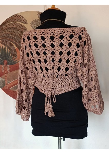 Hippybutik Gül Kurusu Kayık Yaka Ajurlu El Işi Crop Bluz