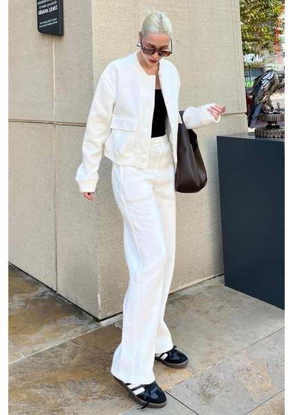 Beyaz Bisiklet Yaka Ceket Alt Üst Eşofman Takımı MG2182