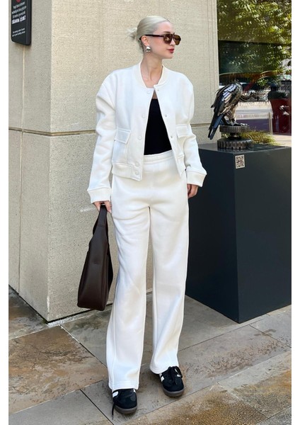 Beyaz Bisiklet Yaka Ceket Alt Üst Eşofman Takımı MG2182 modelleri