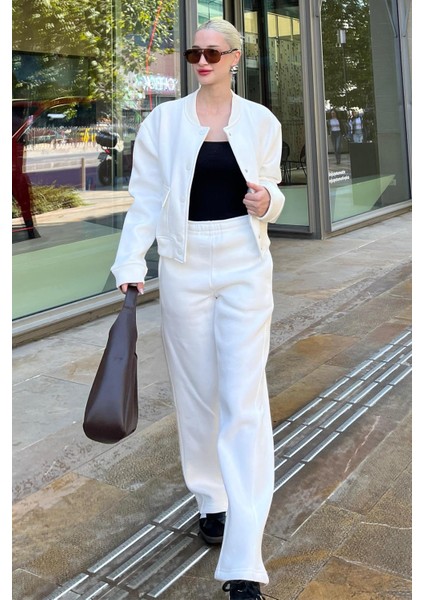 Beyaz Bisiklet Yaka Ceket Alt Üst Eşofman Takımı MG2182 fırsatları