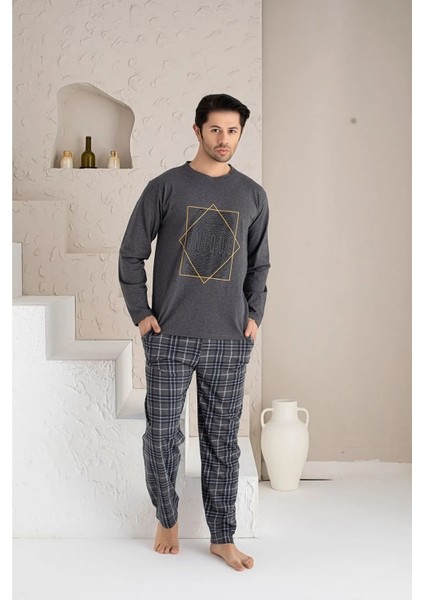 Uzun Kol Sıfır Yaka Pamuklu Erkek Pijama Takımı