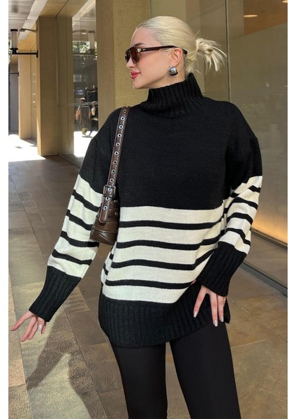 Siyah Oversize Balıkçı Yaka Çizgili Kazak MG2168 fiyatları