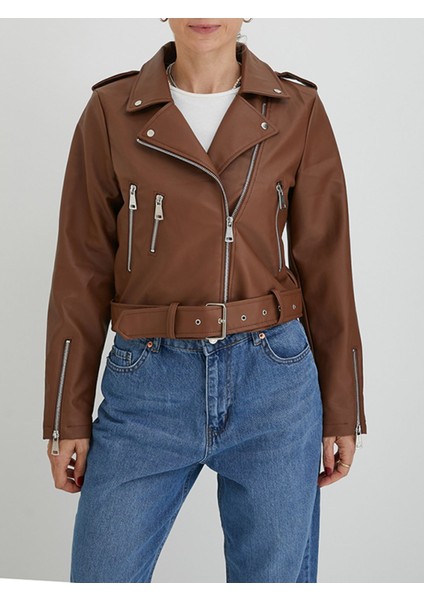 Ronada Wuwei Kahverengi Crop Slim Fit Deri Ceket modelleri