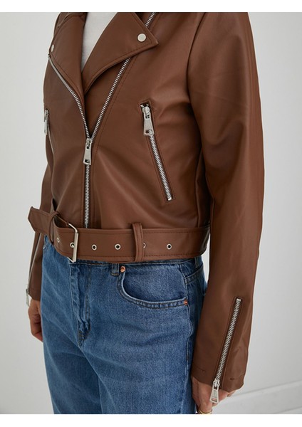 Ronada Wuwei Kahverengi Crop Slim Fit Deri Ceket fırsatları