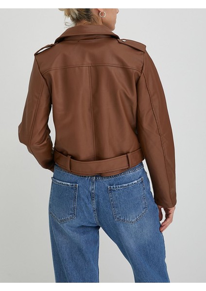 Ronada Wuwei Kahverengi Crop Slim Fit Deri Ceket indirimleri