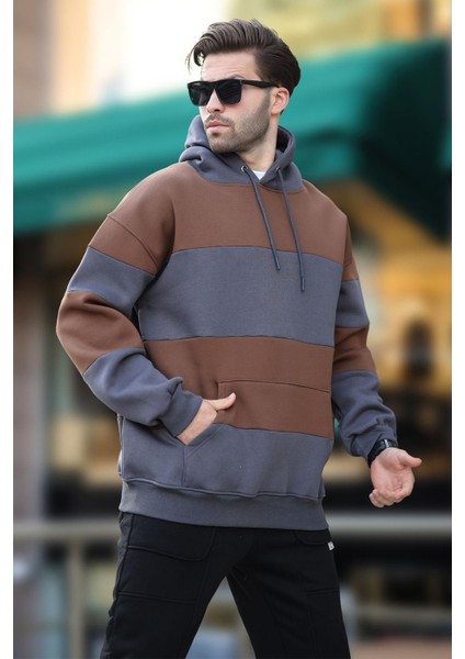 Füme Kapüşonlu Renk Bloklu Cep Detaylı Erkek Sweatshirt 7044