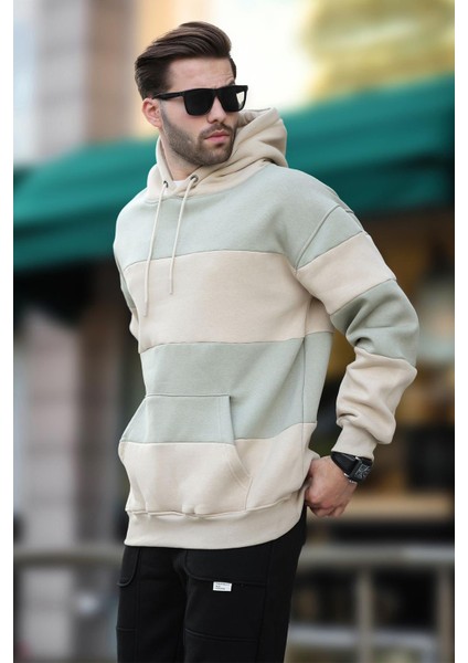 Bej Kapüşonlu Renk Bloklu Cep Detaylı Erkek Sweatshirt 7044