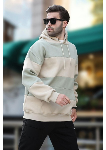 Bej Kapüşonlu Renk Bloklu Cep Detaylı Erkek Sweatshirt 7044 fiyatları