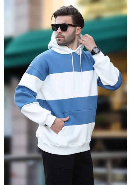 Ekru Kapüşonlu Renk Bloklu Cep Detaylı Erkek Sweatshirt 7044